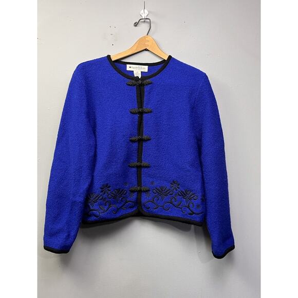 Appleseed's Cardigan Sweater Womens Petite Medium Blue Wool Embroidered - Picture 1 of 6